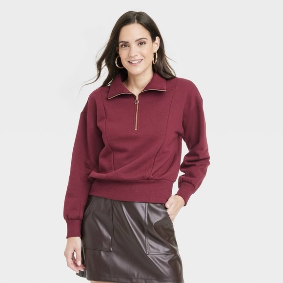A New Day Women’s Quarter Zip Sweatshirt Burgundy - Picture 2 of 2
